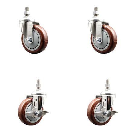 Service Caster 4 Inch 316SS Maroon Polyurethane 10mm Threaded Stem Caster Brakes SCC, 2PK SS316TS20S414-PPUB-MRN-M1015-2-TLB-2